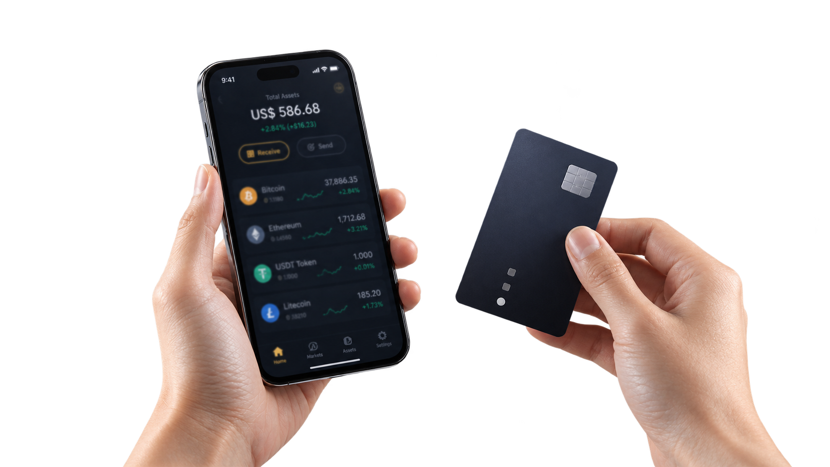 手机钱包展示 Bitcoin、Ethereum、USDT Token、Litecoin 等主流加密资产
