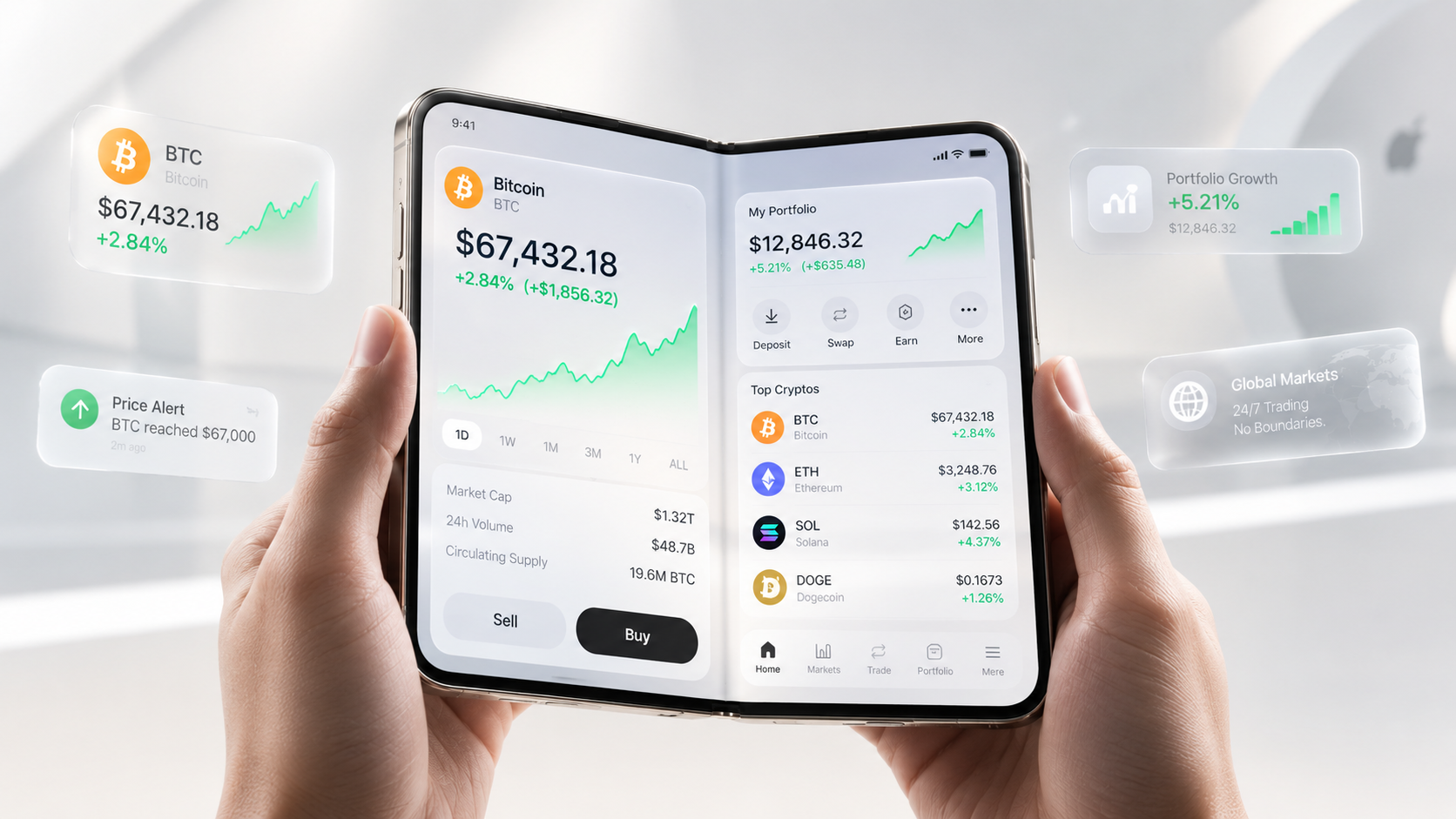 折叠屏上的资产应用展示：Bitcoin 行情、我的组合、热门行情与价格提醒